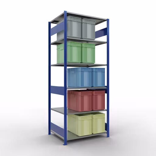 Basisplank, legplank, insteeksysteem MULTIplus150, 2500 x 1000 x 800 mm (HxBxD), 6 legborden, lengtestangen, RAL 5010 gentiaanblauw/verzinkt uit de categorie basisplanken met de GTIN 4004514281388 Basisplank, legbord, insteeksysteem MULTIplus150, 2500 x 1000 x 800 mm, 6 legborden, RAL 5010 gentiaanblauw/gegalvaniseerd van het merk Schulte Lagertechnik uit het assortiment insteeksysteem