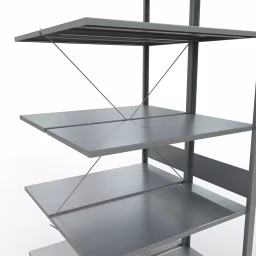 Aanbouwstelling, dubbele stelling, stellingsysteem MULTIplus150, 3000 x 1000 x (2x1000) mm (HxBxD), 2x7 legborden, kruisschoor, verzinkt uit de categorie dubbele stelling met de GTIN 4058255035168 Aanbouwrekken, dubbele rekken, rekkensysteem MULTIplus150, 3000 x 1000 x (2x1000) mm, 2x7 planken, kruisschoor, verzinkt van Schulte Lagertechnik uit het rekkenprogramma