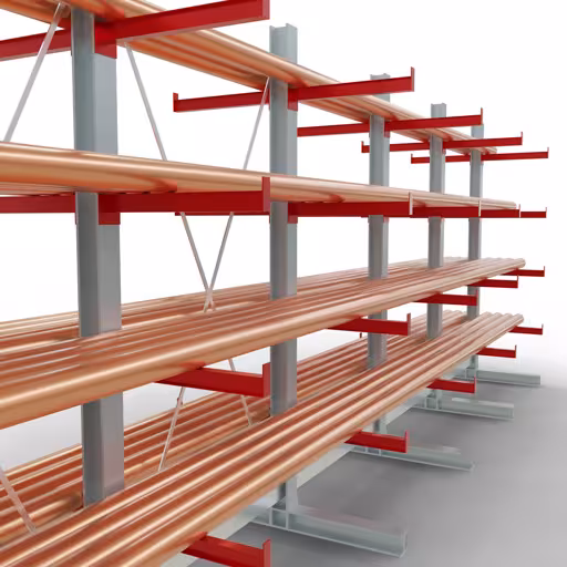 Productafbeelding nr. 12 van artikel K 3000 complete plank, dubbelzijdig, 2500 x 6500 x 600 mm, RAL 7001 / RAL 3000, 5 opslagniveaus Figuur nr. 12 van het artikel K 3000 complete stelling, dubbelzijdig, 2500 x 6500 x 600 mm, RAL 7001 / RAL 3000, 5 opslagniveaus uit de productgroep draagarmstellingen van Schulte Lagertechnik.