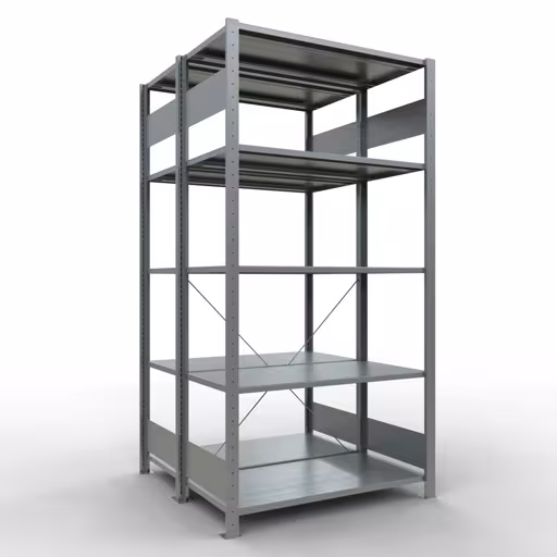 Basisplank, dubbele plank, stellingsysteem MULTIplus150, 2000 x 1000 x (2x500) mm (HxBxD), 2x5 planken, kruisschoor, gegalvaniseerd van Schulte Lagertechnik Basisplank, dubbele plank, stellingsysteem MULTIplus150, 2000 x 1000 x (2x500) mm (HxBxD), 2x5 planken, kruisschoor, verzinkt, dubbele planken, art.nr. 13750