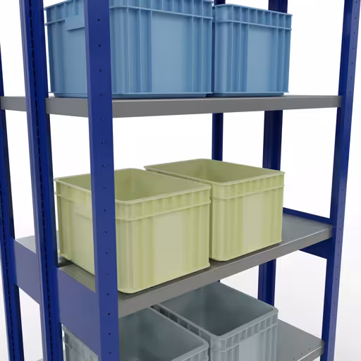 Basisplank, dubbele plank, legbord MULTIplus250 insteeksysteem, 2500 x 1000 x (2x300) mm (HxBxD), 2x6 legborden, lengtestangen, RAL 5010 gentiaanblauw met artikelnr. 33231-B Basisplank, dubbele plank, rekkensysteem MULTIplus250, 2500 x 1000 x (2x300) mm, 2x6 planken, lengtestangen, RAL 5010 gentiaanblauw van Schulte Lagertechnik uit de categorie rekken