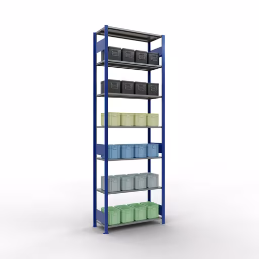 Productafbeelding nr. 13 van het artikel basisplank, legbord, insteeksysteem MULTIplus85, 3000 x 1000 x 400 mm (HxBxD), 7 legborden, lengtestangen, RAL 5010 gentiaanblauw Figuur nr. 13 van het artikel basisrek, legplank-insteeksysteem MULTIplus85, 3000 x 1000 x 400 mm, 7 legborden, RAL 5010 gentiaanblauw uit de productgroep insteeksysteem van het merk Schulte Lagertechnik.