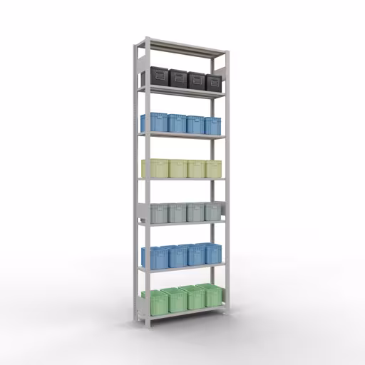 Basisplank, legplank, insteeksysteem MULTIplus150, 3000 x 1000 x 300 mm, 7 legborden, lengtestangen, RAL 7035 lichtgrijs met de GTIN 4004514292612 Basisplank, plankplank, insteeksysteem MULTIplus150, 3000 x 1000 x 300 mm, 7 planken, lengtestangen, RAL 7035 lichtgrijs van Schulte Lagertechnik met het artikelnr. 32632-LR