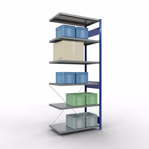 Aanbouwrekken, legbordstellingen, insteeksysteem MULTIplus250, 2500 x 1000 x 600 mm, 6 legborden, kruisschoor, RAL 5010 gentiaanblauw/verzinkt van Schulte Lagertechnik met artikelnr. 12966-B