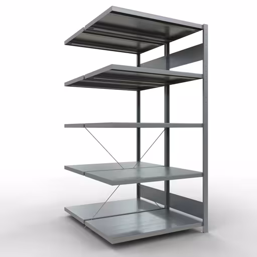 Aanbouwrekken, dubbele rekken, stellingsysteem MULTIplus250, 2000 x 1000 x (2x600) mm (HxBxD), 2x5 planken, kruisschoor, gegalvaniseerd van Schulte Lagertechnik Aanbouwplank, dubbele plank, stellingsysteem MULTIplus250, 2000 x 1000 x (2x600) mm (HxBxD), 2x5 legborden, kruisschoor, verzinkt, dubbele legborden, art.nr. 14265-A