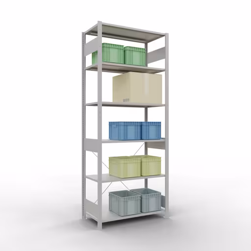 Productafbeelding nr. 16 van het artikel basisplank, legbord, insteeksysteem MULTIplus85, 2500 x 1000 x 500 mm (HxBxD), 6 legborden, kruisschoor, RAL 7035 lichtgrijs Figuur nr. 16 van het artikel basisrek, legplank-insteeksysteem MULTIplus85, 2500 x 1000 x 500 mm, 6 legborden, RAL 7035 lichtgrijs uit de productgroep insteeksysteem van het merk Schulte Lagertechnik.