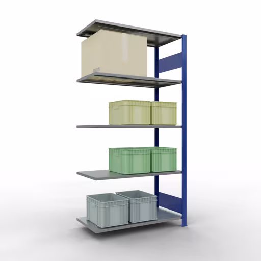 Aanbouwrekken, rekken, insteeksysteem MULTIplus150, 2000 x 1000 x 500 mm, 5 legborden, lengtestangen, RAL 5010 gentiaanblauw/verzinkt van Schulte Lagertechnik uit de categorie insteeksystemen