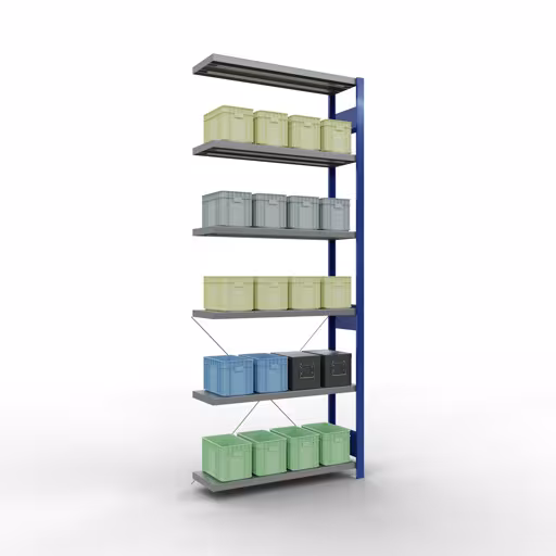 Aanbouwrekken, legbordstellingen, insteeksysteem MULTIplus250, 2500 x 1000 x 300 mm, 6 legborden, kruisschoor, RAL 5010 gentiaanblauw/verzinkt van het merk Schulte Lagertechnik uit het assortiment insteeksysteem