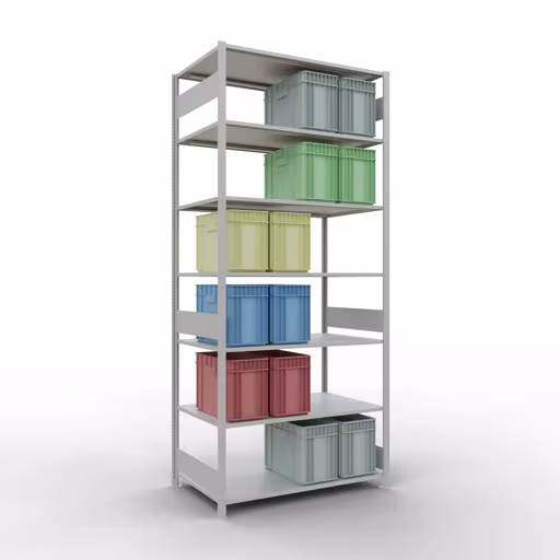 Basisplank, legbord, insteeksysteem MULTIplus150, 3000 x 1300 x 800 mm, 7 legborden, lengtestangen, RAL 7035 lichtgrijs met de GTIN 4004514293497 Basisplank, plankplank, insteeksysteem MULTIplus150, 3000 x 1300 x 800 mm, 7 planken, lengtestangen, RAL 7035 lichtgrijs van Schulte Lagertechnik met het artikelnr. 32682-130-LR