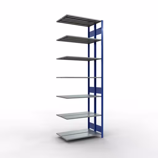 Aanbouwrekken, dubbele rekken, stellingsysteem MULTIplus150, 3000 x 1000 x (2x300) mm (HxBxD), 2x7 planken, lengtestangen, RAL 5010 gentiaanblauw, dubbele planken, art.nr. 33137-B