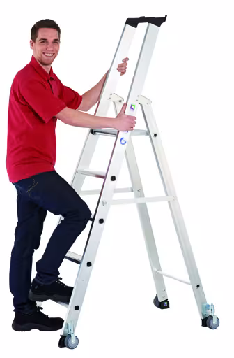 Aluminium trap, eenzijdig begaanbaar, voorzien van wielen, werkhoogte ca. 3,50 m van Schulte Lagertechnik Aluminium trap, eenzijdig bereikbaar, met wielen, werkhoogte ca. 3,50 m, trappen, art.nr. 34896