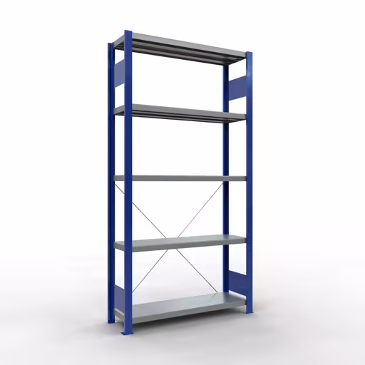Basisplank, legbord, insteeksysteem MULTIplus250, 2000 x 1000 x 300 mm (HxBxD), 5 legborden, kruisschoor, RAL 5010 gentiaanblauw/verzinkt, basisplank, art.nr. 12930-B