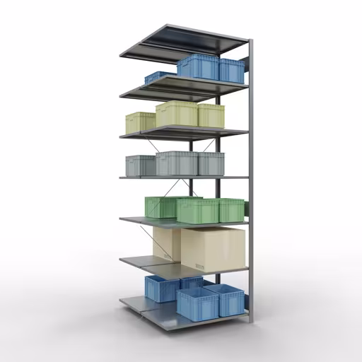 Aanbouwrekken, dubbele rekken, rekkensysteem MULTIplus150, 3000 x 1000 x (2x1200) mm (HxBxD), 2x7 planken, kruisschoor, verzinkt uit de categorie dubbele rekken met de GTIN 4058255035175 Aanbouwrekken, dubbele rekken, rekkensysteem MULTIplus150, 3000 x 1000 x (2x1200) mm, 2x7 planken, kruisschoor, verzinkt van Schulte Lagertechnik uit het rekkenprogramma