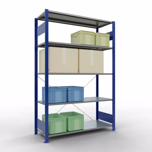 Basisplank, legplank, insteeksysteem MULTIplus150, 2000 x 1300 x 500 mm (HxBxD), 5 legborden, kruisschoor, RAL 5010 gentiaanblauw/verzinkt uit de categorie basisplanken met de GTIN 4004514243188 Basisplank, legbord, insteeksysteem MULTIplus150, 2000 x 1300 x 500 mm, 5 legborden, RAL 5010 gentiaanblauw/gegalvaniseerd van het merk Schulte Lagertechnik uit het assortiment insteeksysteem