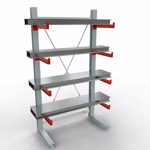 Productafbeelding nr. 9 van artikel K 3000 complete plank, eenzijdig, 2500 x 1300 x 600 mm, RAL 7001 / RAL 3000, 5 opslagniveaus Afbeelding nr. 9 van artikel K 3000 complete stelling, eenzijdig, 2500 x 1300 x 600 mm, RAL 7001 / RAL 3000, 5 opslagniveaus uit de productgroep draagarmstellingen van Schulte Lagertechnik