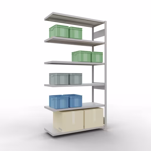 Figuur nr. 12 van het artikel aanbouwrekken, legbordstellingen, insteeksysteem MULTIplus250, 2500 x 1300 x 500 mm, 6 legborden, lengtestangen, RAL 7035 lichtgrijs uit de productgroep insteeksysteem van Schulte Lagertechnik