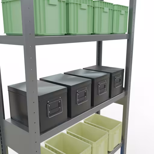 Basisstelling, legbordstelling, insteeksysteem MULTIplus250, 2500 x 1000 x 300 mm (HxBxD), 6 legborden, lengtestangen, verzinkt met GTIN 4004514282071 Basisplank, legbord, insteeksysteem MULTIplus250, 2500 x 1000 x 300 mm, 6 legborden, lengtestangen, verzinkt van Schulte Lagertechnik met het artikelnr. 12931-LR