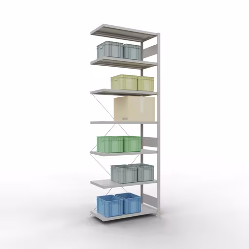 Aanbouwrekken, rekken, insteeksysteem MULTIplus330, 3000 x 1000 x 500 mm (HxBxD), 7 planken, kruisschoor, RAL 7035 lichtgrijs van Schulte Lagertechnik met het artikelnr. 33857