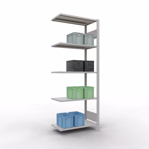 Aanbouwrekken, rekken, insteeksysteem MULTIplus150, 2000 x 750 x 400 mm (HxBxD), 5 planken, lengtestangen, RAL 7035 lichtgrijs uit de categorie aanbouwrekken met GTIN 4004514292872 Aanbouwrek, stelling, insteeksysteem MULTIplus150, 2000 x 750 x 400 mm, 5 legborden, lengtestangen, RAL 7035 lichtgrijs van Schulte Lagertechnik uit het assortiment insteeksysteem