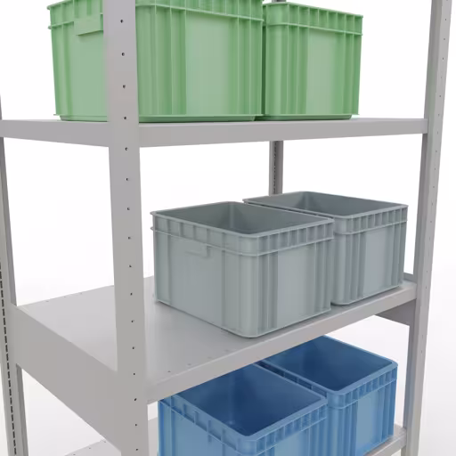 Productafbeelding nr. 13 van het artikel basisplank, legbord, insteeksysteem MULTIplus330, 2500 x 1000 x 600 mm (HxBxD), 6 legborden, lengtestangen, RAL 7035 lichtgrijs Figuur nr. 13 van het artikel basisplank, legplank, insteeksysteem MULTIplus330, 2500 x 1000 x 600 mm, 6 legborden, lengtestangen, RAL 7035 lichtgrijs uit de insteeksysteem productgroep van Schulte Lagertechnik.