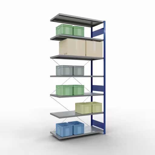 Aanbouwrekken, rekken, insteeksysteem MULTIplus250, 3000 x 1300 x 600 mm, 7 legborden, kruisschoor, RAL 5010 gentiaanblauw/verzinkt uit de categorie aanbouwrekken met GTIN 4004514283887 Aanbouwrekken, rekken, insteeksysteem MULTIplus250, 3000 x 1300 x 600 mm, 7 legborden, kruisschoor, RAL 5010 gentiaanblauw/verzinkt van Schulte Lagertechnik uit het assortiment insteeksysteem