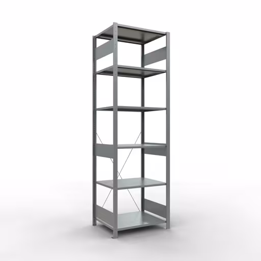 Basisplank, legplank, insteeksysteem MULTIplus150, 2500 x 750 x 600 mm (HxBxD), 6 legborden, kruisschoor, verzinkt, basisplank, art.nr. 12761-75