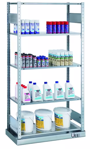 Basisrek, klein containerrek MULTIplus150, 2000 x 1000 x 500 mm (HxBxD), verzinkt, met opvangbak (volume: 36 liter) en 5 legborden van Schulte Lagertechnik Basisplank, klein containerrek MULTIplus150, 2000 x 1000 x 500 mm (HxBxD), verzinkt, met opvangbak (volume: 36 liter) en 5 planken, milieuplanken, art.nr. 14944