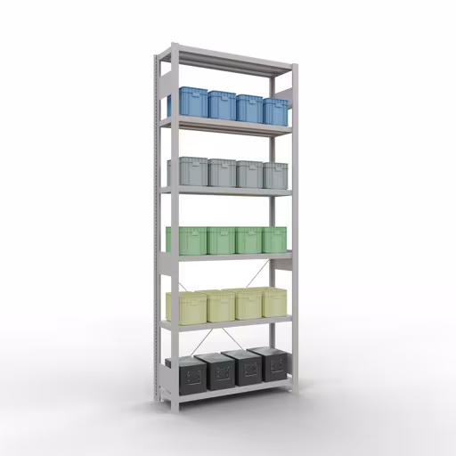 Extra afbeelding van het artikel Basisplank, legplank, insteeksysteem MULTIplus250, 2500 x 1000 x 300 mm, 6 legborden, kruisschoor, RAL 7035 lichtgrijs van basisplank