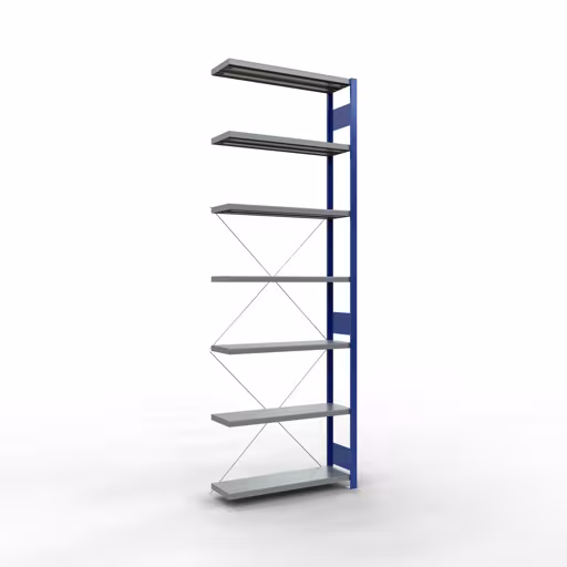 Aanbouwrekken, rekken, insteeksysteem MULTIplus250, 3000 x 1000 x 300 mm (HxBxD), 7 legborden, kruisschoor, RAL 5010 gentiaanblauw/verzinkt, aanbouwplank, art.nr. 12937-B