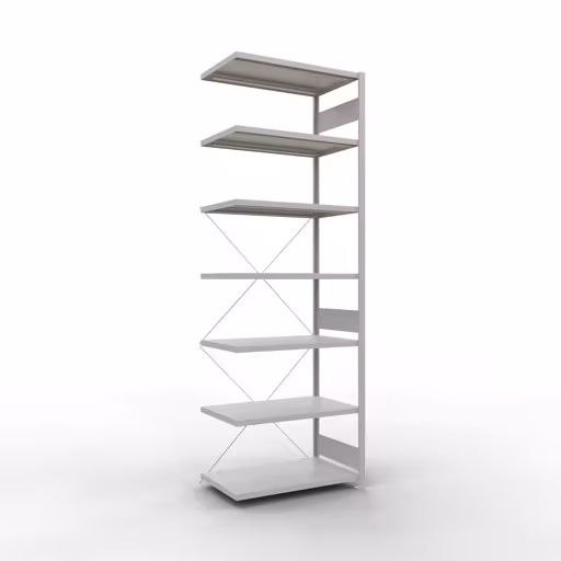Aanbouwrekken, legborden, insteeksysteem MULTIplus330, 3000 x 1000 x 600 mm (HxBxD), 7 legborden, kruisschoor, RAL 7035 lichtgrijs, aanbouwplank, art.nr. 33867