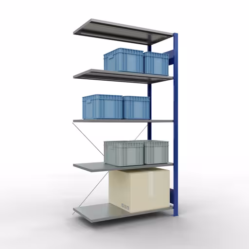 Productafbeelding nr. 14 van het artikel Aanbouwrekken, legbordstellingen, insteeksysteem MULTIplus85, 2000 x 1000 x 500 mm (HxBxD), 5 legborden, kruisschoor, RAL 5010 gentiaanblauw Figuur nr. 14 van het artikel aanbouwrekken, legbordstellingen, insteeksysteem MULTIplus85, 2000 x 1000 x 500 mm, 5 legborden, RAL 5010 gentiaanblauw uit de productgroep insteeksysteem van het merk Schulte Lagertechnik.