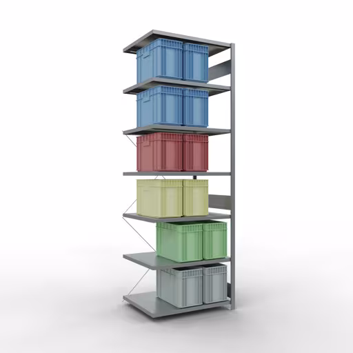 Andere weergave van het artikel Aanbouwrekken, legbordstellingen, insteeksysteem MULTIplus250, 3000 x 1000 x 800 mm (HxBxD), 7 legborden, kruisschoor, verzinkt Andere weergave van het artikel Aanbouwplank, legbord, insteeksysteem MULTIplus250, 3000 x 1000 x 800 mm, 7 legborden, kruisschoor, verzinkt uit de categorie insteeksysteem