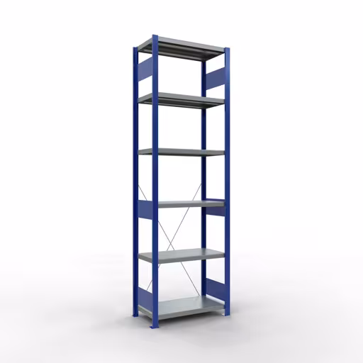 Basisplank, legplank, insteeksysteem MULTIplus250, 2500 x 750 x 400 mm (HxBxD), 6 legborden, kruisschoor, RAL 5010 gentiaanblauw/verzinkt/verzinkt, basisplank, art.nr. 12941-75-B