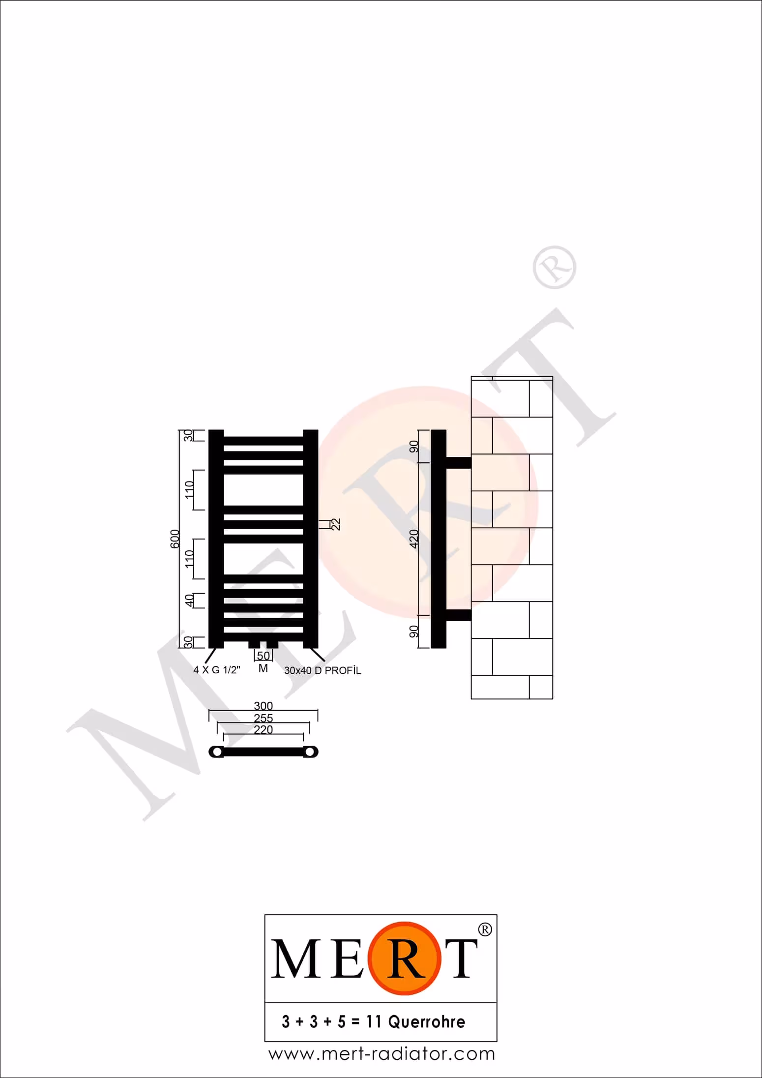 MERT badkamerradiator wit recht, 300*600 mm, middenaansluiting van MERT uit de categorie radiatoren