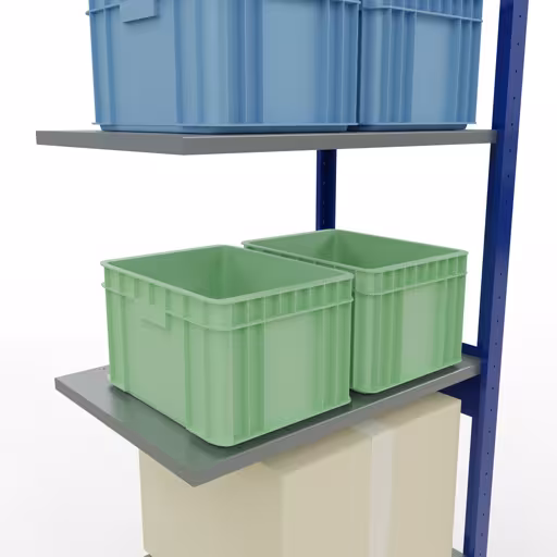Extra afbeelding van het artikel Aanbouwplank, legbord MULTIplus150 insteeksysteem, 2500 x 750 x 500 mm, 6 legborden, lengtestangen, RAL 5010 gentiaanblauw/verzinkt/verzinkt vanaf opzetplank