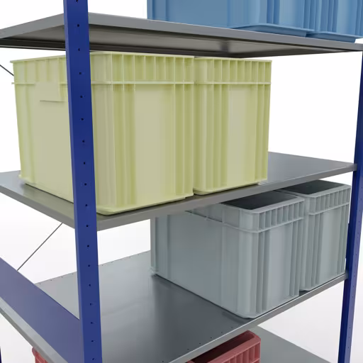 Extra afbeelding van het artikel Basisplank, legbord, insteeksysteem MULTIplus150, 3000 x 1300 x 800 mm (HxBxD), 7 legborden, kruisschoor, RAL 5010 gentiaanblauw/verzinkt Extra afbeelding van het artikel Basisplank, legplank, insteeksysteem MULTIplus150, 3000 x 1300 x 800 mm, 7 legborden, kruisschoor, RAL 5010 gentiaanblauw/verzinkt vanaf basisplank