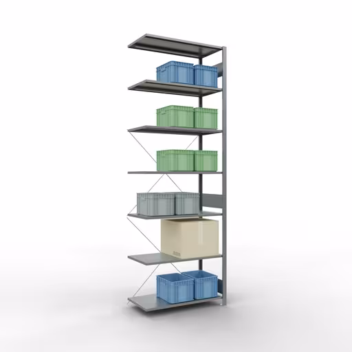 Productafbeelding nr. 14 van het artikel Aanbouwrekken, legbordstellingen, insteeksysteem MULTIplus150, 3000 x 1000 x 500 mm (HxBxD), 7 legborden, kruisschoor, verzinkt Afbeelding nr. 14 van het artikel aanbouwrekken, legbordstellingen, insteeksysteem MULTIplus150, 3000 x 1000 x 500 mm, 7 legborden, verzinkt uit de productgroep insteeksysteem van het merk Schulte Lagertechnik