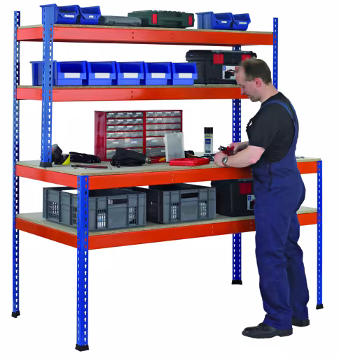 Z1 inpaktafel met opbergniveau en plankbevestiging, 1981 x 2450 x 773/316 mm, blauw/oranje, inpaktafels, art.nr. 18000-A2