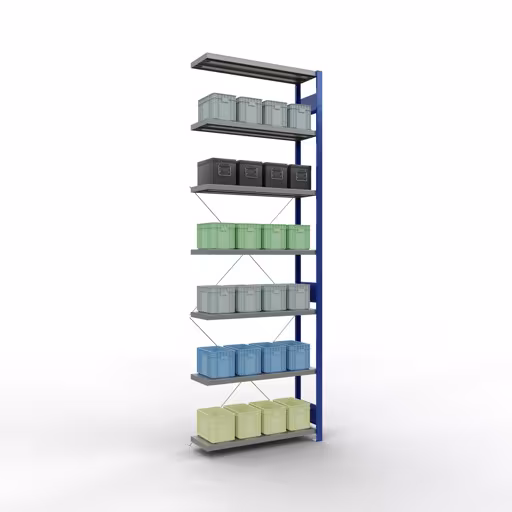 Aanbouwrekken, rekken, insteeksysteem MULTIplus330, 3000 x 1000 x 300 mm (HxBxD), 7 legborden, kruisschoor, RAL 5010 gentiaanblauw/gegalvaniseerd van Schulte Lagertechnik met artikelnr. 13937-B