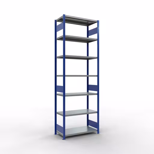 Basisstelling, legbordstelling, insteeksysteem MULTIplus330, 3000 x 1000 x 500 mm (HxBxD), 7 legborden, lengtestangen, RAL 5010 gentiaanblauw/gegalvaniseerd van Schulte Lagertechnik Basisplank, legbord, insteeksysteem MULTIplus330, 3000 x 1000 x 500 mm (HxBxD), 7 legborden, lengtestang, RAL 5010 gentiaanblauw/verzinkt, basisplank, art.nr. 13952-LR-B