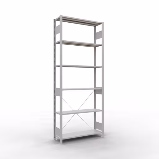 Basisplank, legbord, insteeksysteem MULTIplus150, 2500 x 1000 x 300 mm (HxBxD), 6 legborden, kruisschoor, RAL 7035 lichtgrijs van Schulte Lagertechnik Basisplank, legplank, insteeksysteem MULTIplus150, 2500 x 1000 x 300 mm (HxBxD), 6 legborden, kruisschoor, RAL 7035 lichtgrijs, basisplank, art.nr. 32631