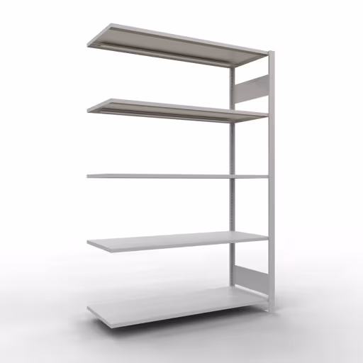Aanbouwrekken, rekken, insteeksysteem MULTIplus150, 2000 x 1300 x 500 mm (HxBxD), 5 legborden, lengtebalk, RAL 7035 lichtgrijs, aanbouwplank, art.nr. 32655-130-LR