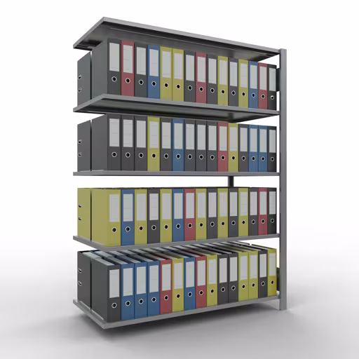 Aanbouwstelling, kantoorstelling, insteeksysteem MULTIplus150, 1800 x 1300 x 600 mm, 5 legborden, lengtestangen, verzinkt, zonder middenaanslag uit de categorie insteeksysteem met GTIN 4004514261793 , kantoorreksysteem MULTIplus150, 1800 x 1300 x 600 mm, 5 legborden, verzinkt, zonder middenaanslag van Schulte Lagertechnik uit het assortiment kantoorrekken