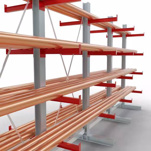 Productafbeelding nr. 12 van artikel K 3000 compleet legbord, dubbelzijdig, 2500 x 5200 x 500 mm, RAL 7001 / RAL 3000, 5 opslagniveaus Afbeelding nr. 12 van het artikel K 3000 complete stelling, dubbelzijdig, 2500 x 5200 x 500 mm, RAL 7001 / RAL 3000, 5 opslagniveaus uit de productgroep draagarmstellingen van Schulte Lagertechnik