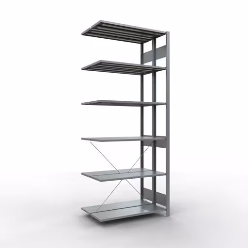 Aanbouwrekken, dubbele rekken, stellingsysteem MULTIplus150, 2500 x 1000 x (2x300) mm (HxBxD), 2x6 planken, kruisschoor, gegalvaniseerd van Schulte Lagertechnik Aanbouwplank, dubbele plank, stellingsysteem MULTIplus150, 2500 x 1000 x (2x300) mm (HxBxD), 2x6 planken, kruisschoor, verzinkt, dubbele planken, art.nr. 13736