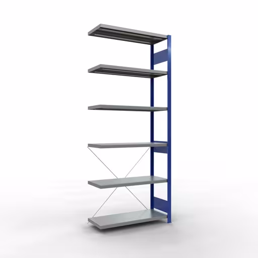 Andere weergave van het artikel Aanbouwplank, legbord, insteeksysteem MULTIplus250, 2500 x 1000 x 400 mm, 6 legborden, kruisschoor, RAL 5010 gentiaanblauw/verzinkt uit de categorie insteeksysteem