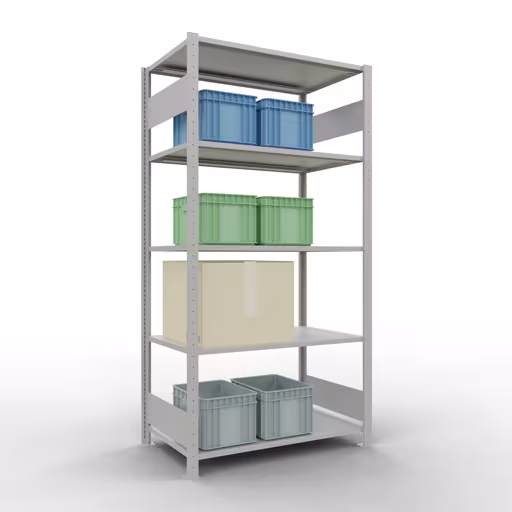 Basisplank, legbord, insteeksysteem MULTIplus150, 2000 x 1000 x 600 mm (HxBxD), 5 legborden, lengtestangen, RAL 7035 lichtgrijs met artikelnr. 32660-LR Basisplank, legbord, insteeksysteem MULTIplus150, 2000 x 1000 x 600 mm, 5 planken, RAL 7035 lichtgrijs van Schulte Lagertechnik uit de categorie insteeksysteem