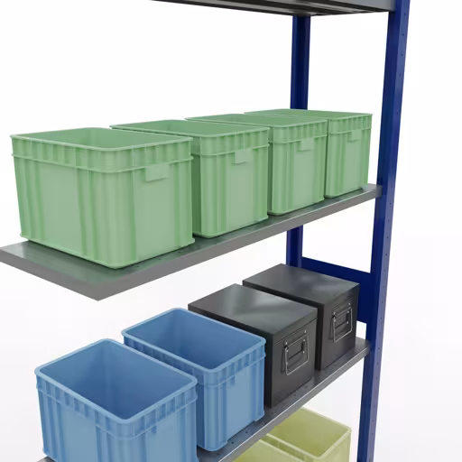 Aanbouwrekken, legborden, insteeksysteem MULTIplus150, 3000 x 1000 x 300 mm (HxBxD), 7 legborden, lengtestangen, RAL 5010 gentiaanblauw/verzinkt met de GTIN 4004514279903 Aanbouwrekken, legbordstellingen, insteeksysteem MULTIplus150, 3000 x 1000 x 300 mm, 7 legborden, lengtestangen, RAL 5010 gentiaanblauw/verzinkt van Schulte Lagertechnik met artikelnr. 12737-LR-B