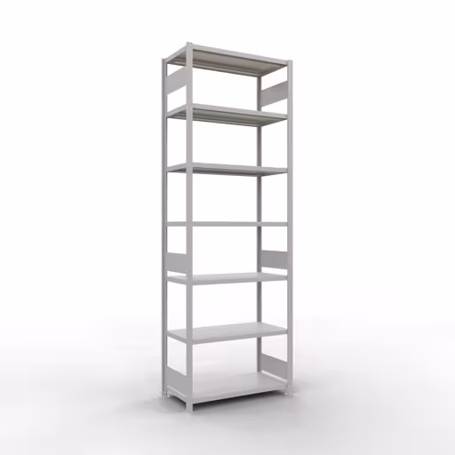 Basisplank, legbord, insteeksysteem MULTIplus330, 3000 x 1000 x 500 mm (HxBxD), 7 legborden, lengtestangen, RAL 7035 lichtgrijs van Schulte Lagertechnik Basisplank, legplank, insteeksysteem MULTIplus330, 3000 x 1000 x 500 mm (HxBxD), 7 legborden, lengtestangen, RAL 7035 lichtgrijs, basisplank, art.nr. 33852-LR