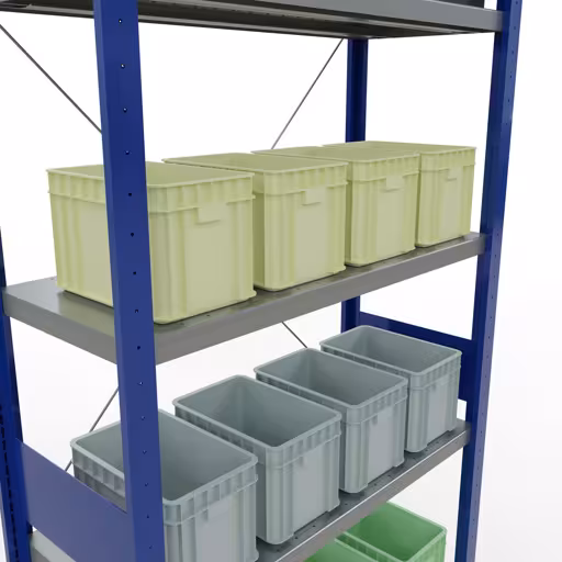 Productafbeelding nr. 12 van het artikel basisplank, legbord, insteeksysteem MULTIplus330, 3000 x 1000 x 400 mm, 7 legborden, kruisschoor, RAL 5010 gentiaanblauw/verzinkt Figuur nr. 12 van het artikel basisrek, legplank, insteeksysteem MULTIplus330, 3000 x 1000 x 400 mm, 7 legborden, kruisschoor, RAL 5010 gentiaanblauw/verzinkt uit de insteeksysteem productgroep van Schulte Lagertechnik